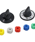 Universal Electric Range Knob Kit Replacement For Ovens And Stoves KN002 RKE with black knobs and colorful inserts displayed