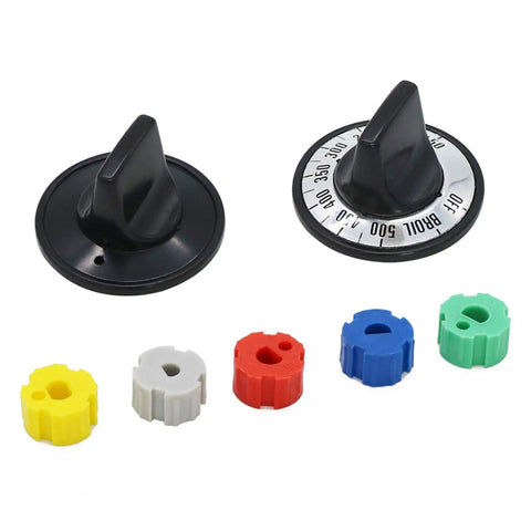 Universal Electric Range Knob Kit Replacement For Ovens And Stoves KN002 RKE with black knobs and colorful inserts displayed