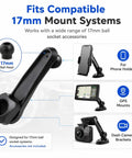 Universal Car Phone Mount With Tight Air Vent Clip And 17mm Ball Head For 360 Rotation displays 17mm ball head and adjustable arm.