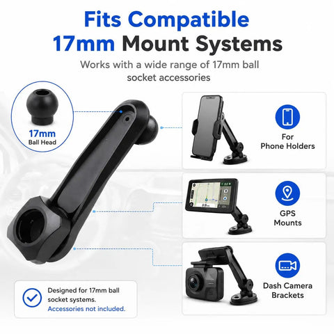 Universal Car Phone Mount With Tight Air Vent Clip And 17mm Ball Head For 360 Rotation displays 17mm ball head and adjustable arm.
