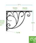 Heavy Duty Wrought Iron Leafy Leaf Mailbox Shelf Bracket For Outdoor Post Mounting Holds USPS Approved Medium Or Large Mailboxes Black Powder Coat 21 Inch Diameter By 18 Inch Height Made In Poland with dimensions and hole details displayed