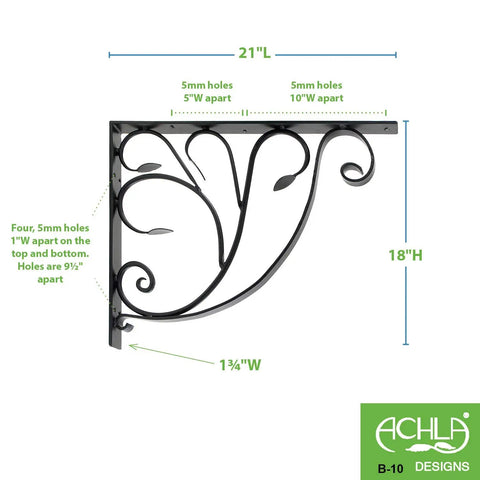 Heavy Duty Wrought Iron Leafy Leaf Mailbox Shelf Bracket For Outdoor Post Mounting Holds USPS Approved Medium Or Large Mailboxes Black Powder Coat 21 Inch Diameter By 18 Inch Height Made In Poland with dimensions and hole details displayed