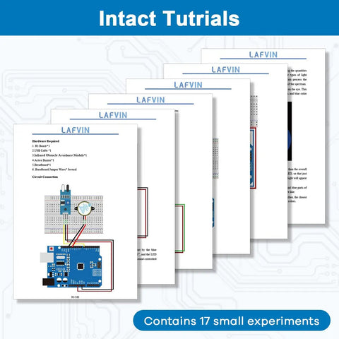 Intact tutorials for Beginner Arduino Starter Kit With R3 CH340 Board, 400 Point Breadboard, DHT11 Sensor, Soil Moisture Sensor, LEDs, And Retail Box, IDE Compatible For Hands On Projects You Can Do Now.