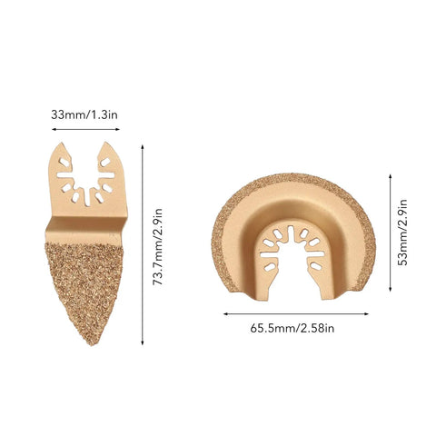 Four Pack Semi Circle Finger Segment Oscillating Saw Blades For Grout, Ceramics, And Masonry, shown with dimensions