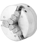 Rock Solid Three Jaw Lathe Chuck For Mini Metal Lathes crafted from thick zinc alloy, showing jaw mechanism and screw details.