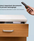 Keyless Smart Bluetooth Cabinet Lock Phone App Control One Touch Open Straight Up Secure Storage For Filing Cabinets And Wardrobes with an open drawer.