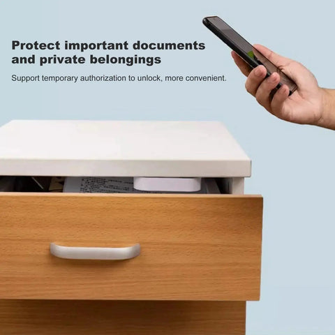 Keyless Smart Bluetooth Cabinet Lock Phone App Control One Touch Open Straight Up Secure Storage For Filing Cabinets And Wardrobes with an open drawer.