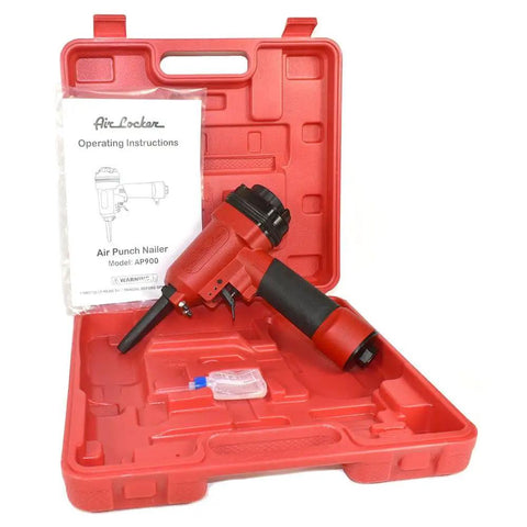 AP900 Heavy Duty Pneumatic Punch Nailer And Nail Remover Tool in red case, showing operating instructions and accessories