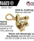 Haven's Grip For Messenger And Guy Strand Cable, Light Duty gold finish tool, showing knurled jaw with 0.125 to 0.500 in cable range.
