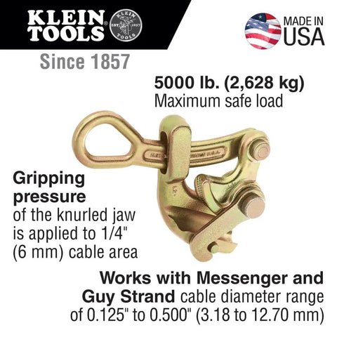 Haven's Grip For Messenger And Guy Strand Cable, Light Duty gold finish tool, showing knurled jaw with 0.125 to 0.500 in cable range.
