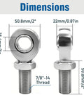 Beefy Heavy Duty Seven Eighths Inch UNC Fourteen Thread Heim Joint Rod End Kit For Steering And Suspension Fits One Point Five Inch Tubing Includes Spacers And Lock Nuts Steel Construction Delivers Reliable Long Term Performance. dimensions shown front and side, 7/8-14 thread