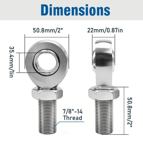 Beefy Heavy Duty Seven Eighths Inch UNC Fourteen Thread Heim Joint Rod End Kit For Steering And Suspension Fits One Point Five Inch Tubing Includes Spacers And Lock Nuts Steel Construction Delivers Reliable Long Term Performance. dimensions shown front and side, 7/8-14 thread