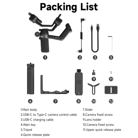 Packing list for SCORP C2 Camera Gimbal Stabilizer With AI Tracking 4.0 For Dope Vlogging Smooth 3 Axis Stabilization 7.7 lb Payload