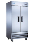 Premium Commercial Double Door Refrigerator 27 Point 6 Cubic Feet Capacity Stainless Steel Exterior with six wire shelves.