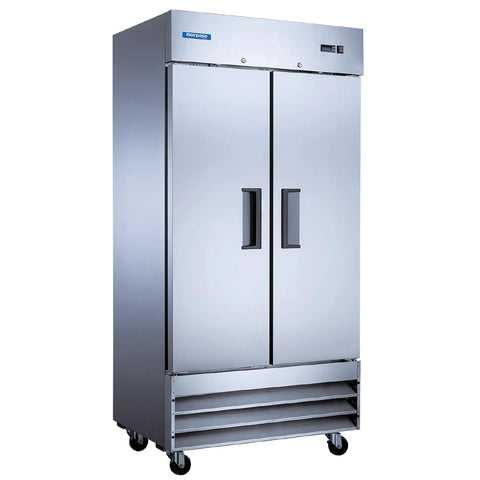 Premium Commercial Double Door Refrigerator 27 Point 6 Cubic Feet Capacity Stainless Steel Exterior with six wire shelves.