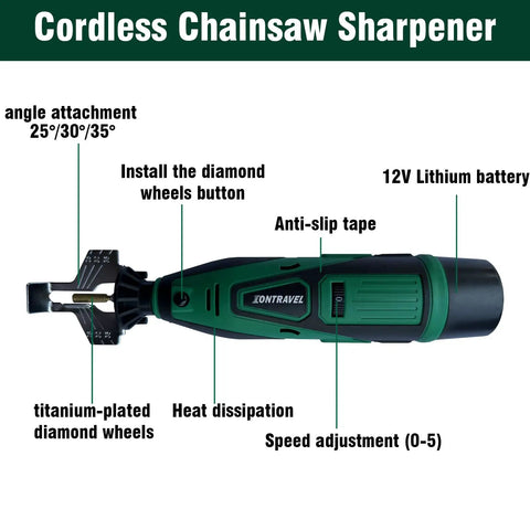 Cordless 12V Chainsaw Sharpener Kit With Two Batteries And Nine Diamond Grinding Wheels In Three Sizes High Speed Chainsaw Chain Sharpener Tool With Titanium Plated Diamond Bits For Fast On Site Maintenance, showing side view with features labeled.
