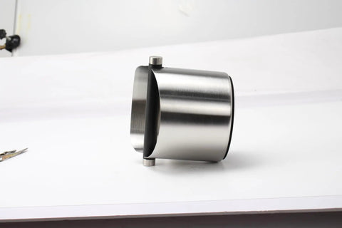Side view of Espresso Knock Box Built Tough From Stainless Steel, Removable Knock Bar, And Non Slip Rubber Base, Easy Clean Silver.