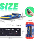 Mini RC Boat 2.4GHz Remote Control Toy For Pool And Bath, 360 Spin shown with dimensions and packaging details