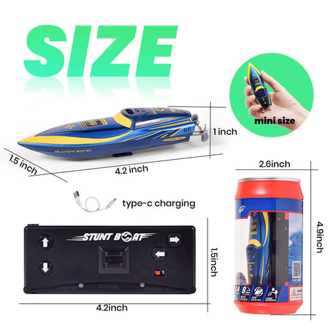 Mini RC Boat 2.4GHz Remote Control Toy For Pool And Bath, 360 Spin shown with dimensions and packaging details