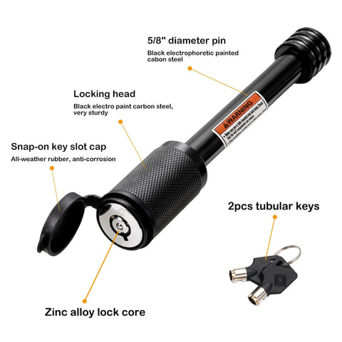 Heavy Duty Trailer Hitch Lock 5/8 Inch Pin, 4 Inch Extra Long Receiver Pin For Class III And IV Hitches with keys shown