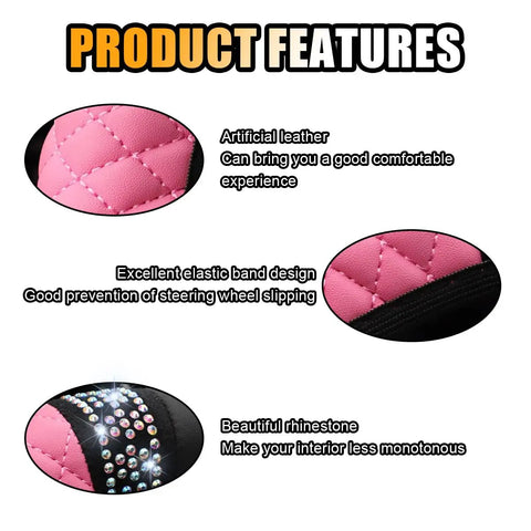 Dope Pink Rhinestone Bling Soft Leather Steering Wheel Cover For Cars showing artificial leather, elastic band, and rhinestone details.