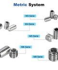 Close-up of metric Allen grub screws from 280 Piece Set Screw Kit With 28 Sizes Metric And SAE Allen Grub Screws In 304 Stainless Steel Internal Hex Drive Cup Point For Door Knobs And Faucets A Handy DIY Must Have For Bathroom Fixtures And Hardware Repairs.