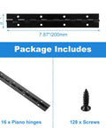 Sixteen Piece 8 Inch Piano Hinges Straight Up Heavy Duty Continuous Hardware In Rust Resistant Iron With Hella Durable Matte Black Coating For Cabinets And Doors, showing hinge size and included screws.