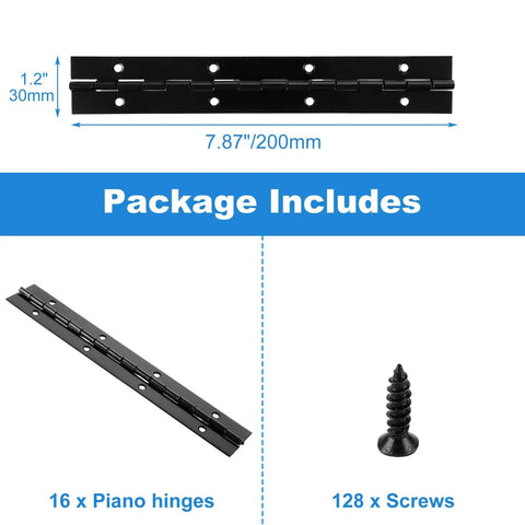 Sixteen Piece 8 Inch Piano Hinges Straight Up Heavy Duty Continuous Hardware In Rust Resistant Iron With Hella Durable Matte Black Coating For Cabinets And Doors, showing hinge size and included screws.