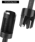 Close-up of Eight Piece Wood Plug Cutter Drill Bit Set with One Quarter, Five Sixteenths, Three Eighths, and One Half Inch Sizes
