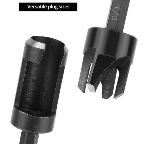 Close-up of Eight Piece Wood Plug Cutter Drill Bit Set with One Quarter, Five Sixteenths, Three Eighths, and One Half Inch Sizes