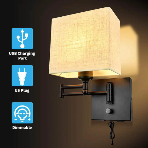 Plug In Wall Sconce With 2 USB Ports, Dimmable Swing Arm, 7 Inch Fabric Linen Shade, 11.4 Inch Total Height, 59 Inch Cord