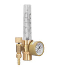 Front view: brass CO2 welding gas regulator with flowmeter, 0-25 LPM, 0-3500 psi, 5/8 in x 18 male connector