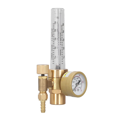 Front view: brass CO2 welding gas regulator with flowmeter, 0-25 LPM, 0-3500 psi, 5/8 in x 18 male connector
