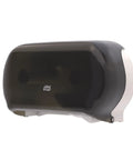 Twin Jumbo Toilet Paper Roll Dispenser with refill indicator window and built-in lock, front view.