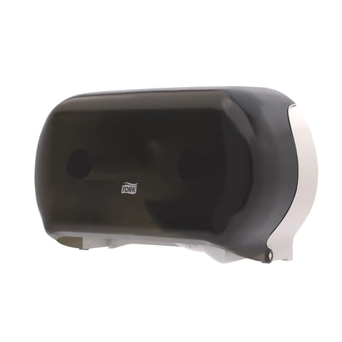 Twin Jumbo Toilet Paper Roll Dispenser with refill indicator window and built-in lock, front view.