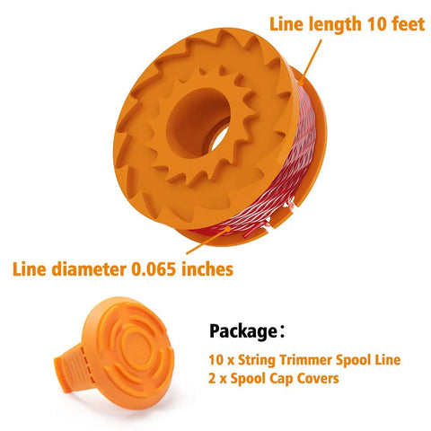 Easy Install Edger Spool Replacement 10ft 0.065 Inch For Worx Weed Eater String Trimmer WG154 WG155 WG175 WG180 with cover and caps