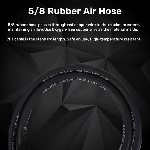5/8 rubber air hose with 7ft length, labeled detailing, on black geometric background