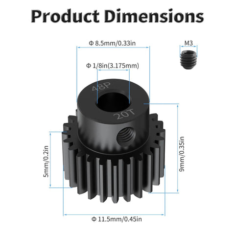 Pinion Gear 48P 20T With 1/8 Inch Shaft Hole For RC Cars And Gearboxes 3.175mm Shaft 11.5mm Diameter 9mm High Built From AISI 1045 Steel With Blackened Finish For Rugged Rust And Wear Resistance; dimension view