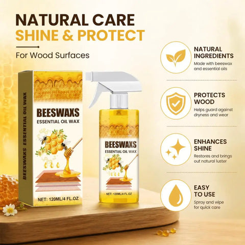 Premium Natural Beeswax Wood Polish Spray That Really Hits Different For Kitchen Cabinets Dining Tables And Hardwood Floors in a 120ml bottle.