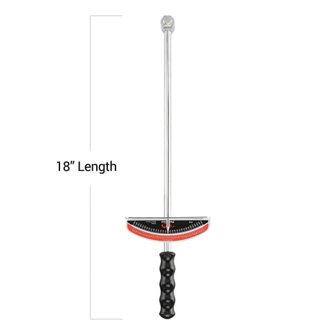 Dual Drive Beam Style Torque Wrench With Three Eighths And One Half Inch Drives Seventeen Inch Length Zero To One Hundred Fifty Foot Pounds SAE Premium Steel Alloy The Must Have Tool For Auto Maintenance And Repairs, showcasing an 18-inch length with ergonomic handle and precision scale gauge.