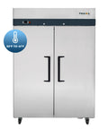 Heavy Duty Two Door Reach In Refrigerator With 49 Cubic Feet Of Cold Storage And Brushed Stainless Finish, front view with temperature range indicator.