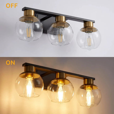 Three Light Black And Gold Vanity Light For Bathrooms Over Mirror With Globe Glass Shades, 22 Inch Modern Wall Sconce, E26 Base, Bulbs Not Included, Ideal For Bathroom, Hallway Or Bedroom