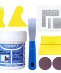 All-In-One Wall Hole Patch Kit With 9.8 Oz Repair Putty, Aluminum Patches, Scrapers, and Sanding Pad displayed together