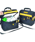 Cooler Tool Bag For Jobsite And Outdoors On The Go 11 Inch Carryall with Built In Cooler, open with drinks and two exterior pockets visible