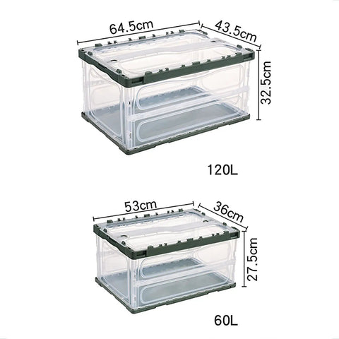 Heavy Duty Collapsible Storage Bins With Lids Super Sturdy Plastic Folding Crate 120L and 60L sizes with dimensions.