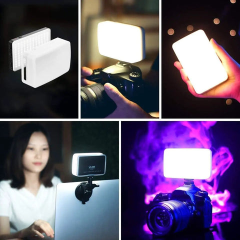 On-Camera Bi-Color LED Video Light With 6 Color Filters mounted on DSLR and handheld, illuminating diverse settings.