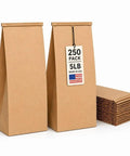 Pack Of 250 Brown Paper Tin Tie Coffee Bags With Reclosable Seal Stand Up Pouches For Coffee Cookies Bakery Packaging And Food Storage Sixteen Inch By Six And One Half Inch By Four Inch displayed with label and folded stack