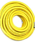 Heavy Duty Yellow Rubber Air Hose For Jackhammers 3/4 Inch By 50 Feet 300 Psi Chicago Style Couplers coiled on a white background.