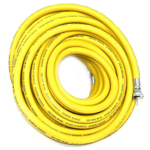 Heavy Duty Yellow Rubber Air Hose For Jackhammers 3/4 Inch By 50 Feet 300 Psi Chicago Style Couplers coiled on a white background.