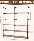 Industrial Pipe Shelf Five Tier 72 Inch Floating Pipe Book Shelves with sturdy iron pipes and wood, dimensions displayed